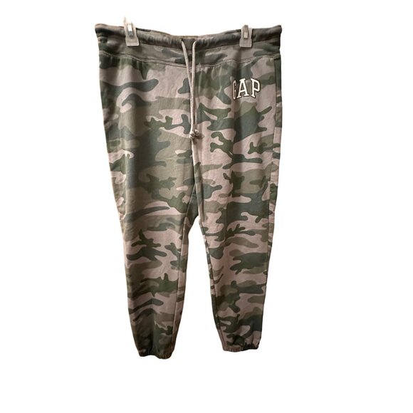 Gap Camo Jogger Pants M - Green & Grey Camo Print Drawstring Waist Elastic Cuffs - Picture 1 of 7
